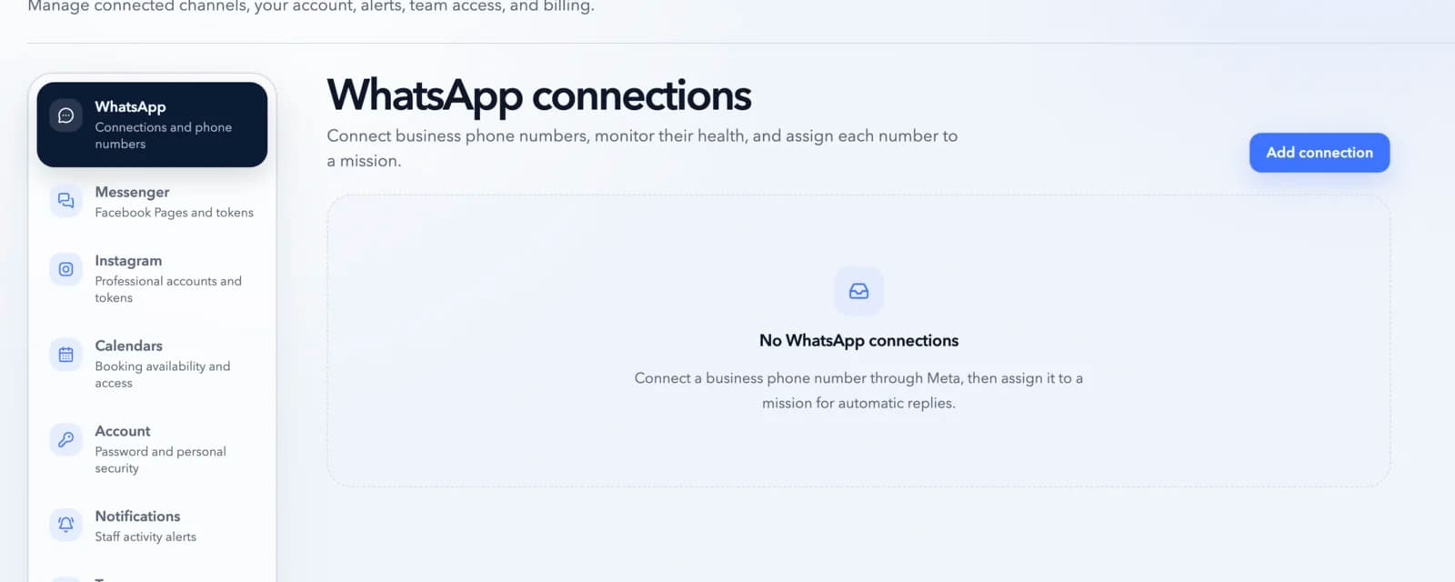 Echo WhatsApp settings showing the Add connection button and an empty connections list