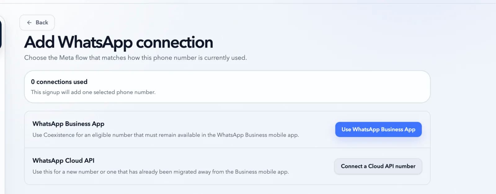 Echo connection choices with Use WhatsApp Business App highlighted above the Cloud API option