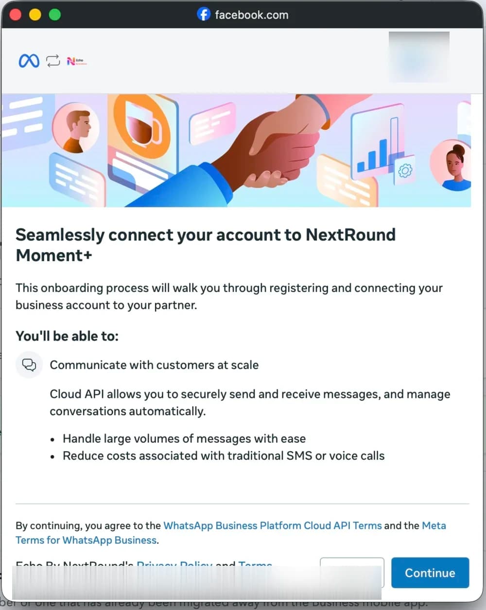 Meta onboarding introduction with Cancel and Continue buttons