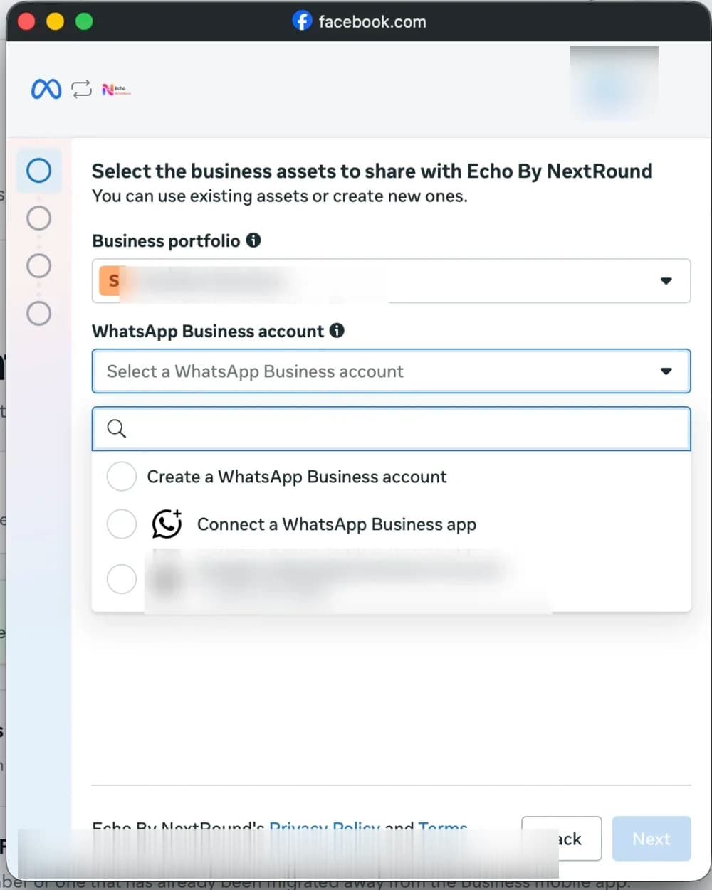 Meta business asset selector listing Create an account, Connect a WhatsApp Business app, and an existing account