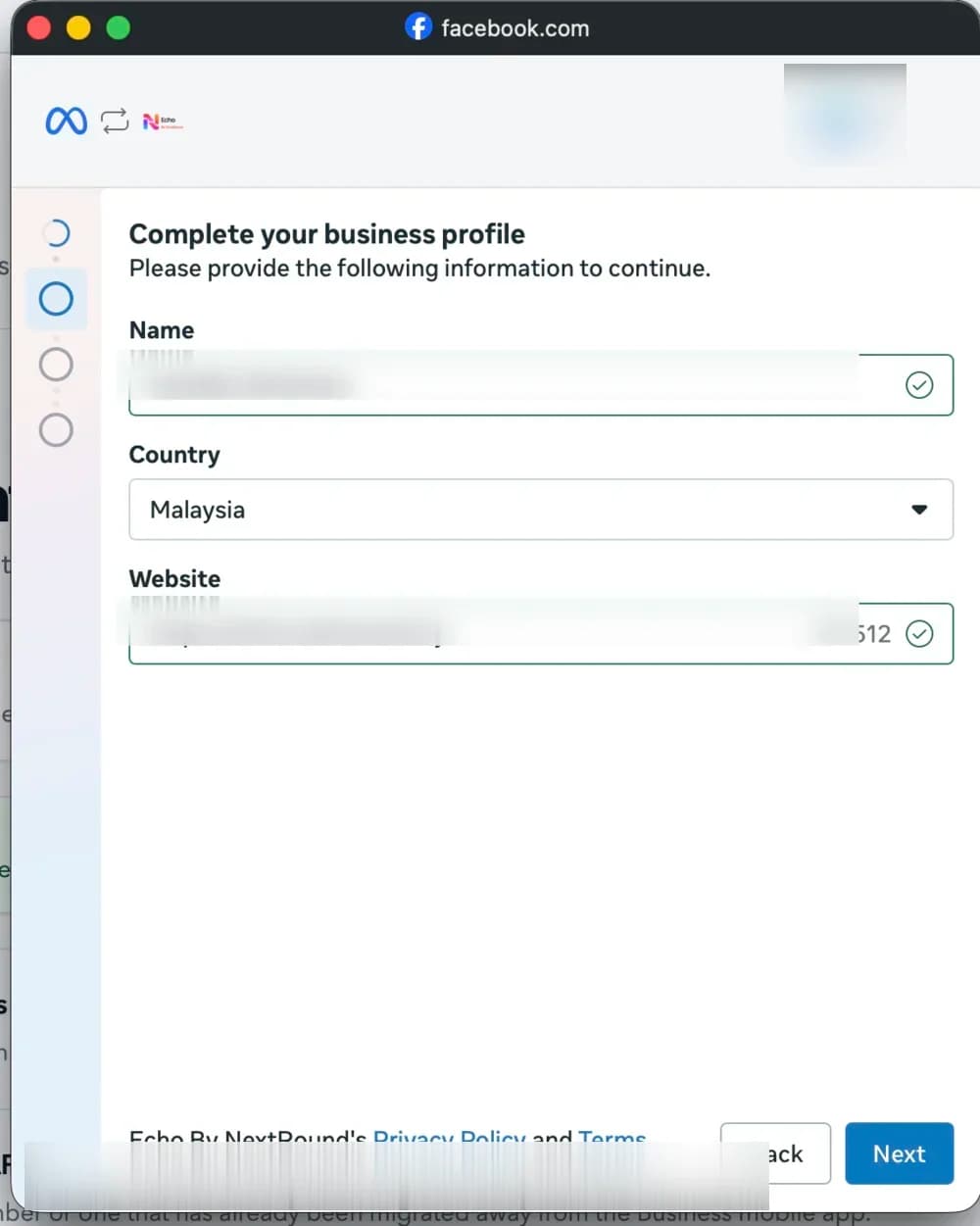 Meta form requesting business name, country, and website