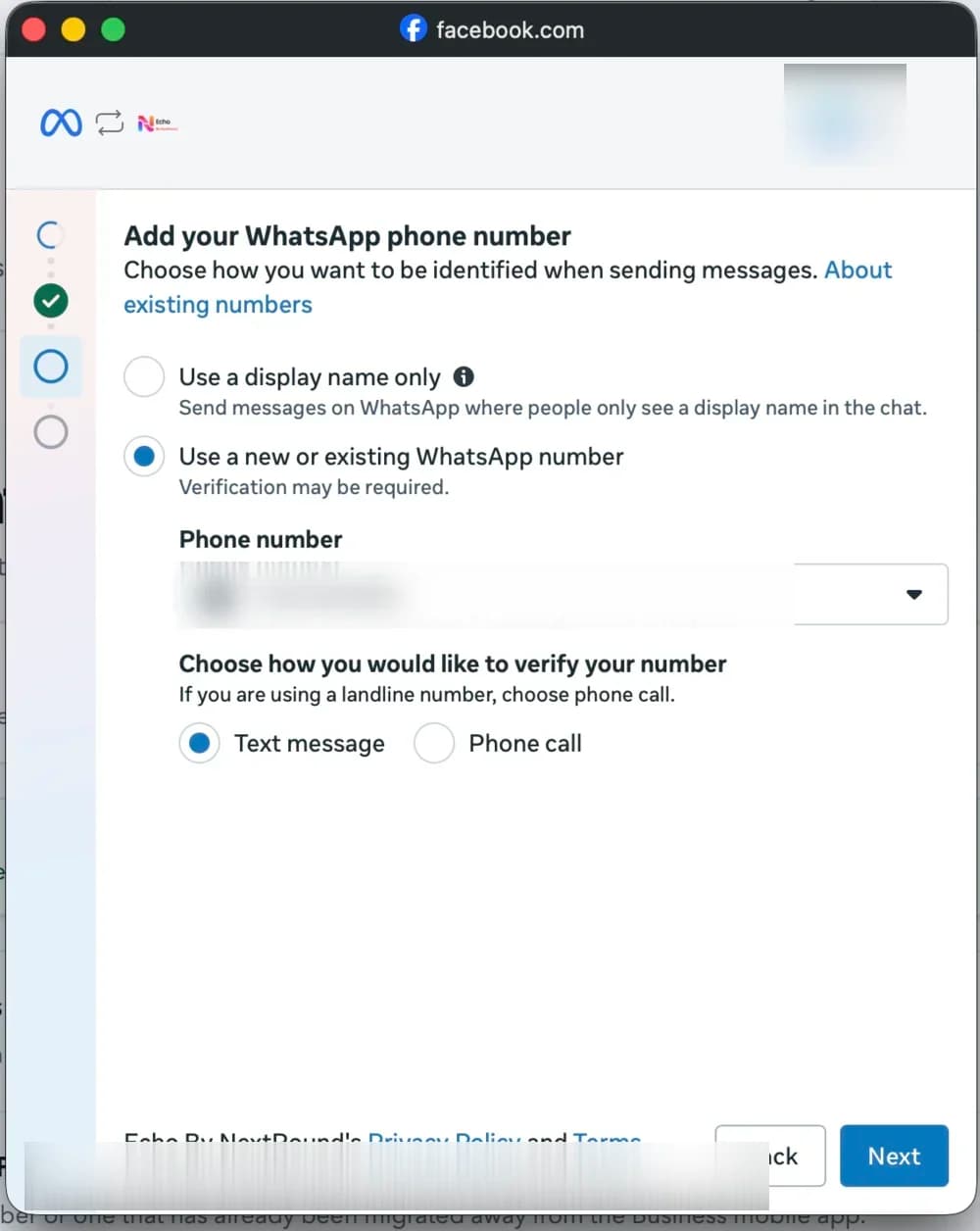 Meta form for selecting an existing WhatsApp number and choosing text message or phone call verification