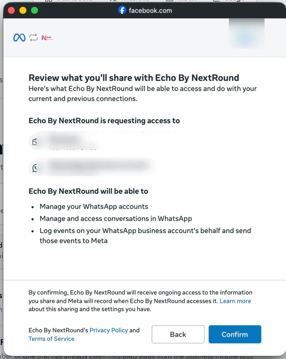 Meta permission review showing business and WhatsApp Business account access before confirmation