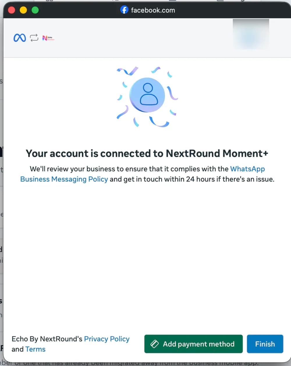 Meta confirmation that the WhatsApp account is connected, with a Finish button