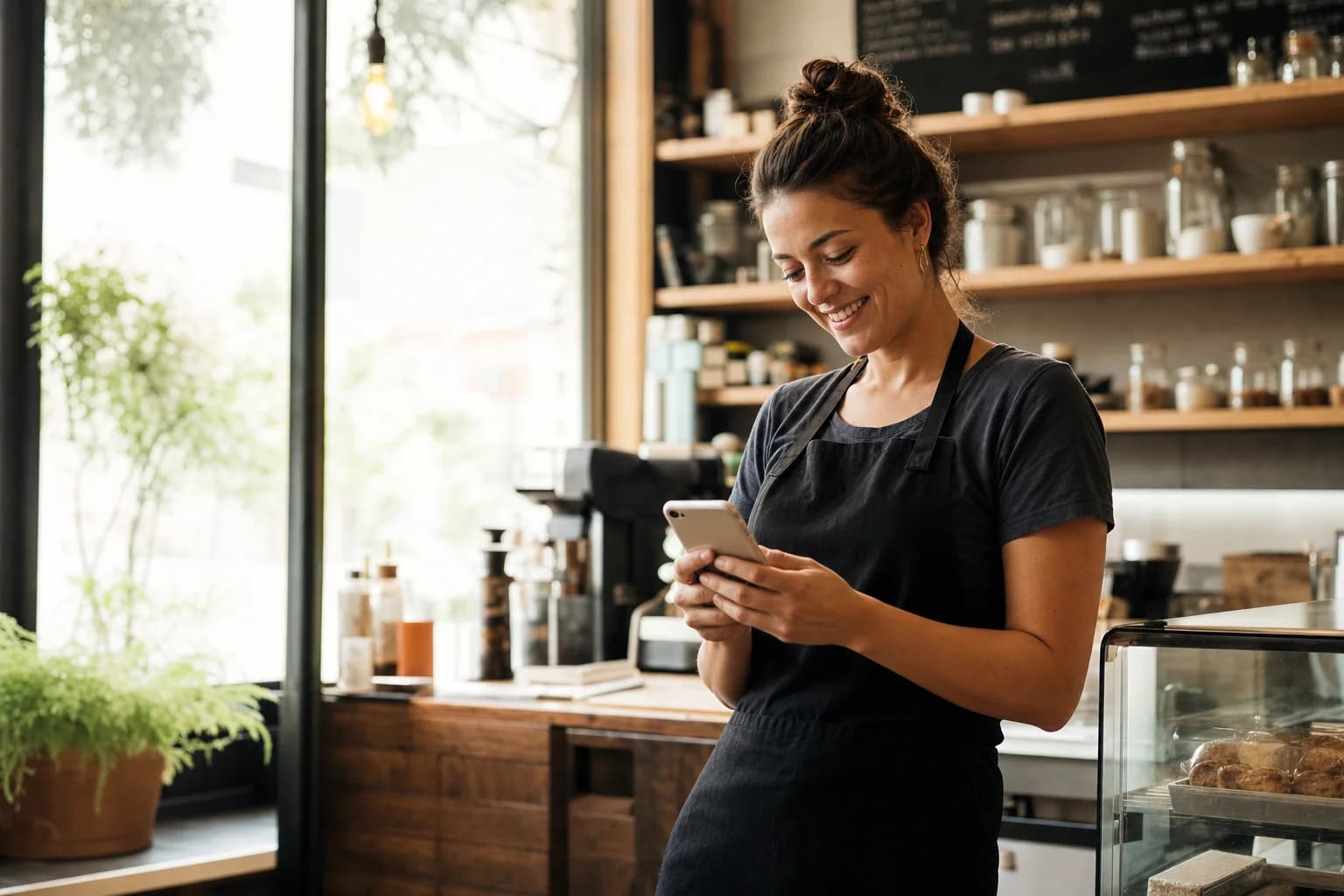 A café owner smiling as she answers a message on her phone